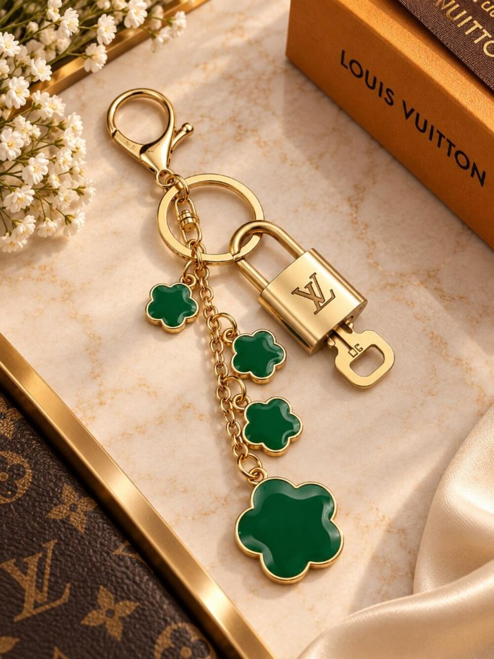 Authentic Louis Vuitton Gold Lock 🔒 Keychain Bag Unbranded Flower Charm LV
